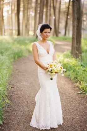 Glamorous ivory lace plunging V neck mermaid long rustic wedding dress