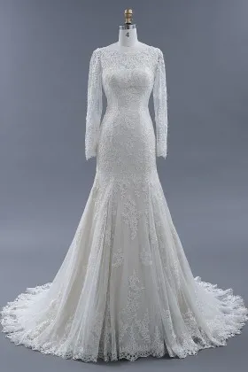 classic lace tulle long sleeve mermaid wedding dress