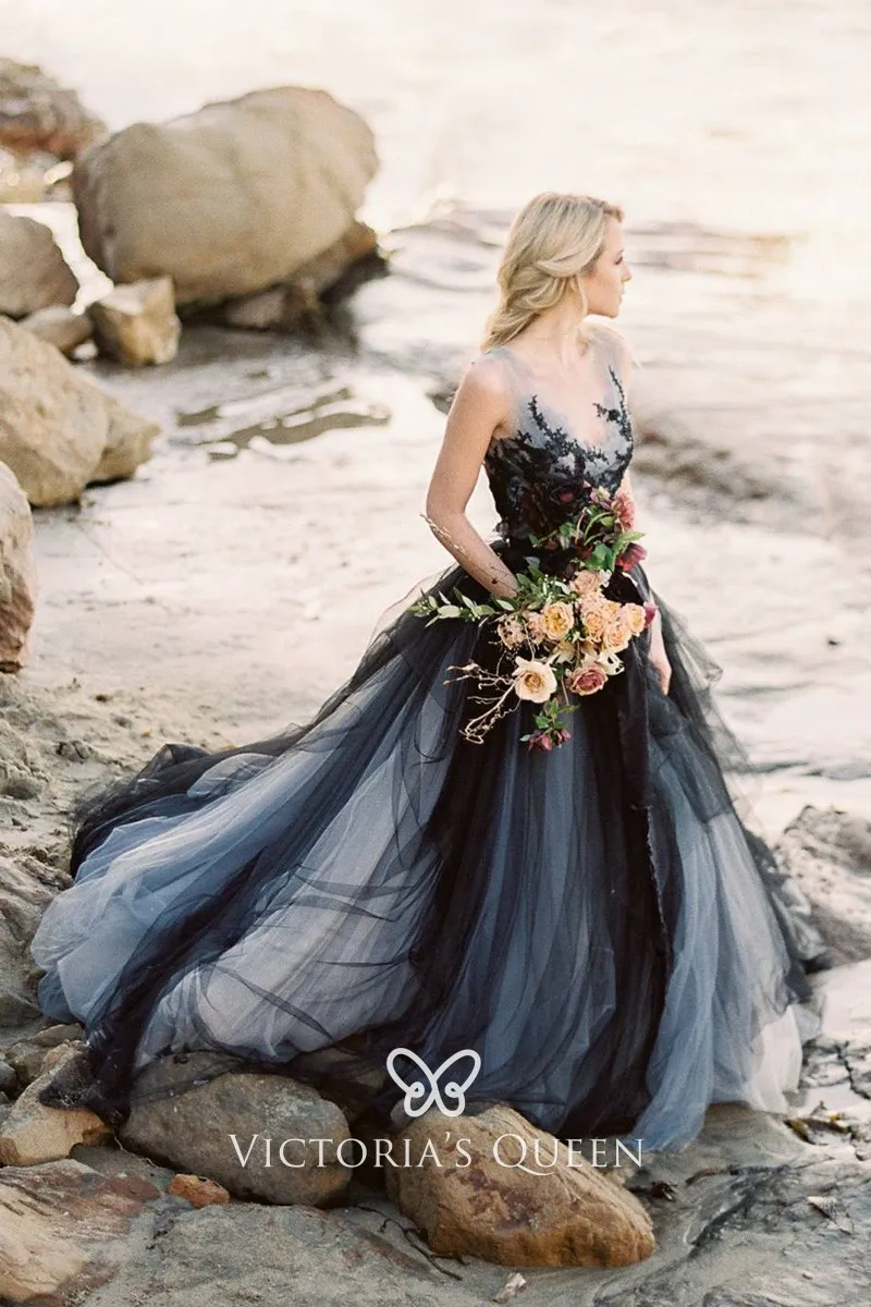 Unique Black & Grey Tulle with Lace Beach Wedding Dress VQ
