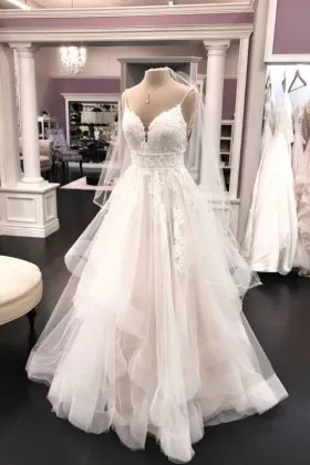 Ivory lace and tulle flounce skirt floor length designer wedding dress