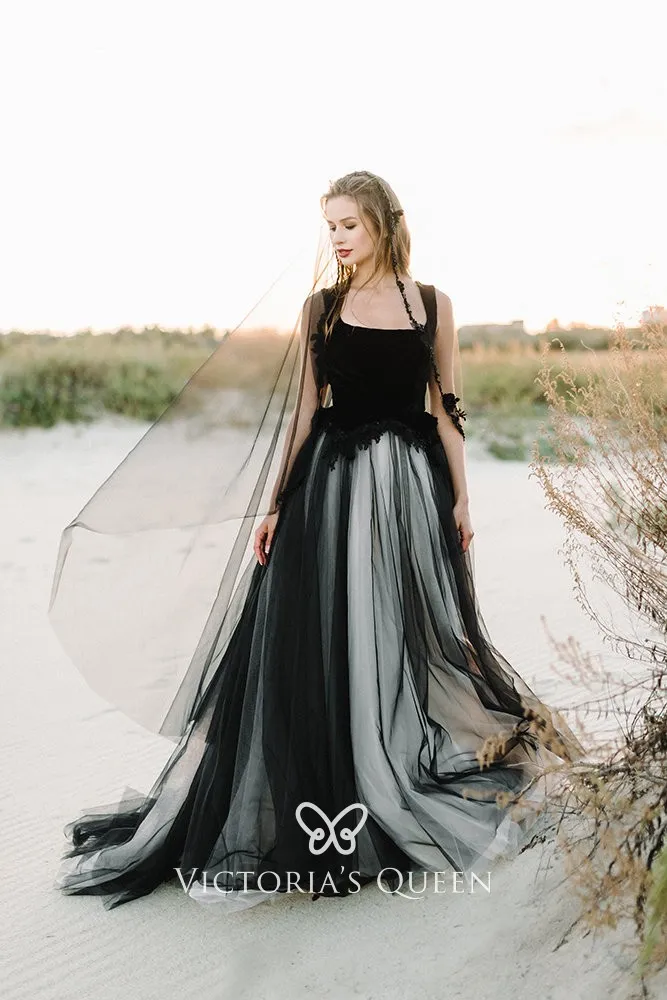 Gothic Black & White Square Neck Outdoor Wedding Dress - VQ