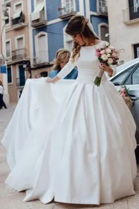 white satin 34 sleeve boat neckline ball gown wedding dress