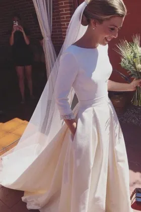 Princess 34 sleeve with lace trim white satin spring wedding dress
