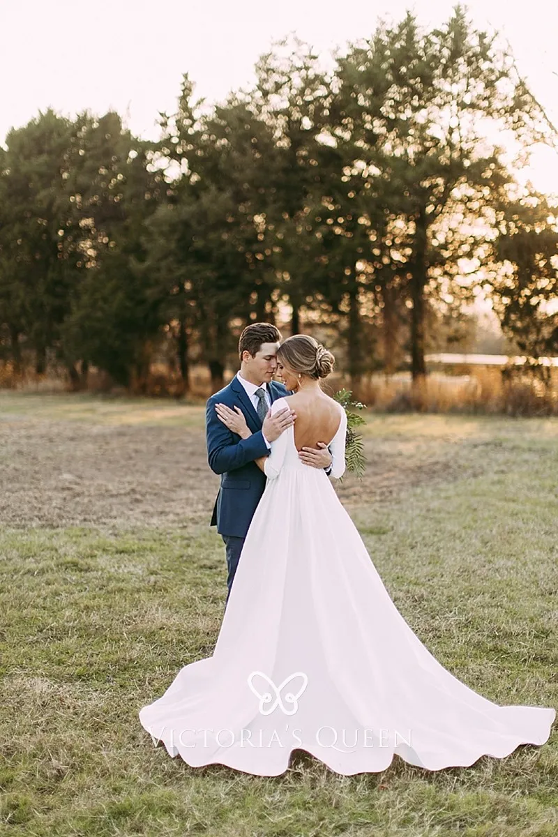 Half Sleeve Boat Neck Jersey Puffy Long Wedding Dress VQ