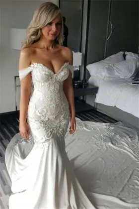 white lace spandex wedding dress with cathedral train