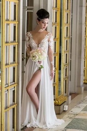 sheer lace white chiffon plunging neck Bohemian bridal gown