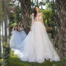 illusion bodice long sleeve lace tulle wedding dress