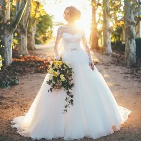 sheer lace long sleeve satin organza wedding ball gown