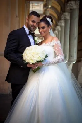 off the shoulder long sleeve lace tulle princess wedding ball gown