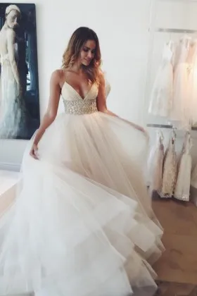 V neck spaghetti straps beaded belt wedding gown
