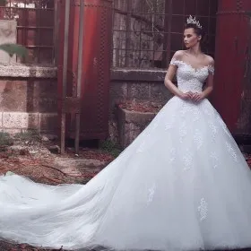 white lace tulle wedding ball gown with cathedral train