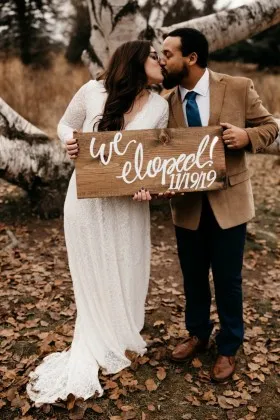 Ivory lace scalloped V neck destination wedding dress
