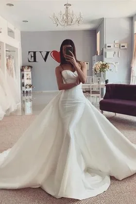 strapless sweetheart ivory satin overskirt wedding gown