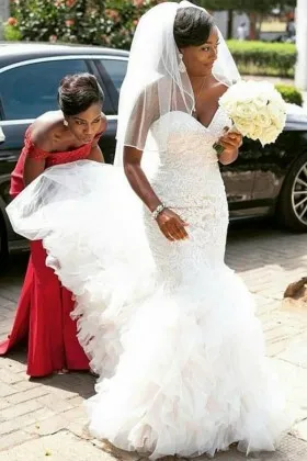 Strapless Ivory Lace Ruffle Organza Popular Bridal Gown