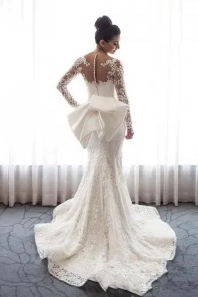 illusion long sleeve oversized bow lace wedding dress