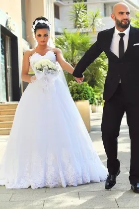 white lace strapless sweetheart ball gown wedding dress