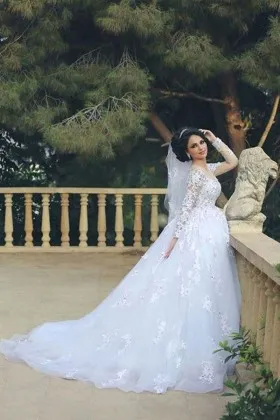 illusion long sleeve white lace tulle wedding ball gown
