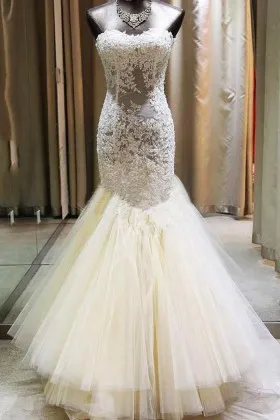 champagne illusion lace tulle trumpet wedding dress