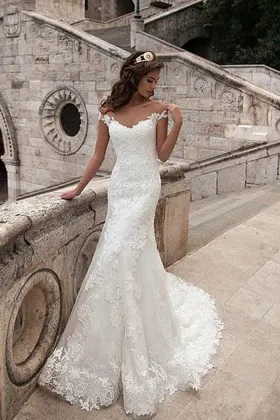 white lace off shoulder V neck mermaid wedding dress