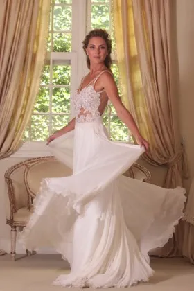 Illusion Lace Chiffon Flowy Spring Wedding Dress