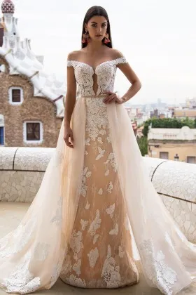 2 in 1 Off the shoulder Champagne Wedding Dress