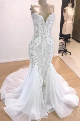 strapless white lace godet skirt mermaid wedding dress