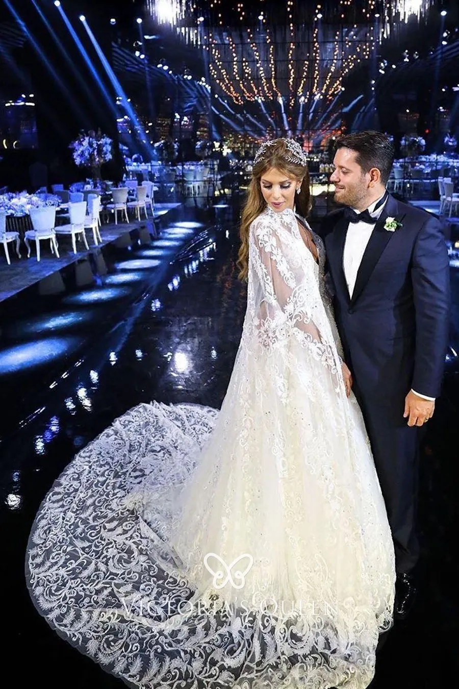 Beaded Lace Plunging Neck Winter Bridal Dress with Cape VQ