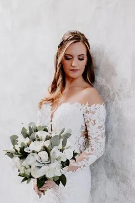 Romantic lace long sleeve off the shoulder wedding dress