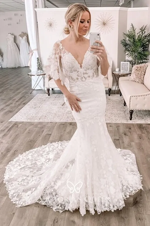 V neck puffy short sleeves lace mermaid wedding dress V neck puffy short sleeves lace mermaid wedding dress