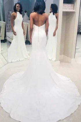 Low Back with Buttons Chapel Train Simple Wedding Dress