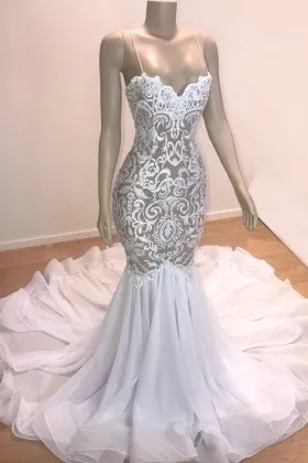 spaghetti straps sweetheart nude mermaid wedding dress