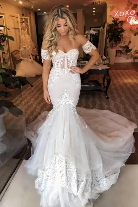 separate short sleeve lace tulle mermaid wedding gown