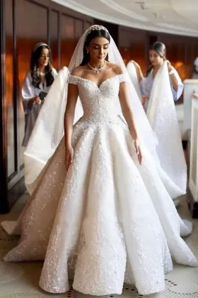 off the shoulder ivory lace fall princess wedding dress