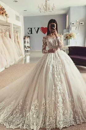 romantic illusion long sleeve lace tulle winter bridal ball gown
