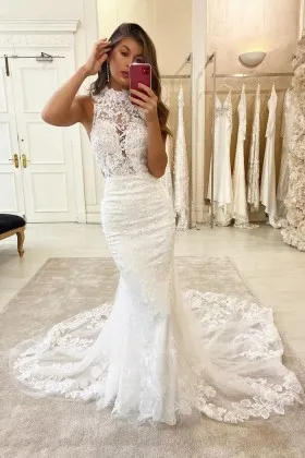 Light Champagne Lace Illusion Neck Mermaid Wedding Gown - VQ