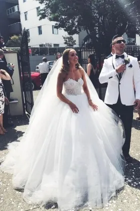 strapless sweetheart lace tulle spring bridal ball gown