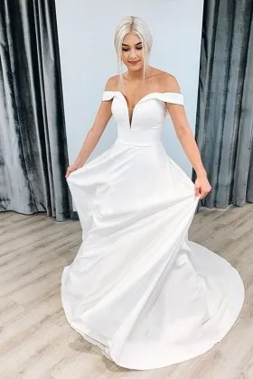 simple low V neck satin wedding dress with chapel train