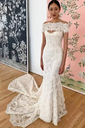 scalloped lace off shoulder mermaid fall wedding dress