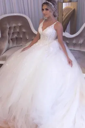 V Neck Lace Tulle Princess Ball Gown Wedding Dress