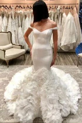 Drop Waist Cascading Ruffles Satin Organza Wedding Gown