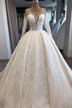 unique lace illusion long sleeve ball gown bridal dress