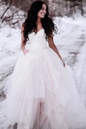 blushing pink tulle lace winter outdoor wedding gown