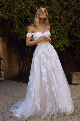Floral Lace Tulle Off shoulder Boho Wedding Dress