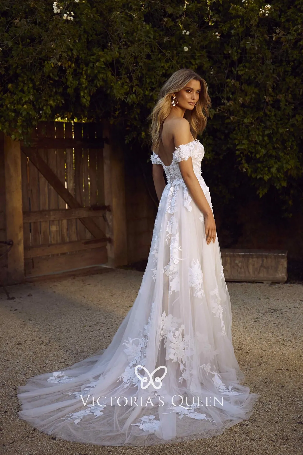 floral lace tulle off shoulder spring wedding dress with court train floral lace tulle off shoulder spring wedding dress with court train