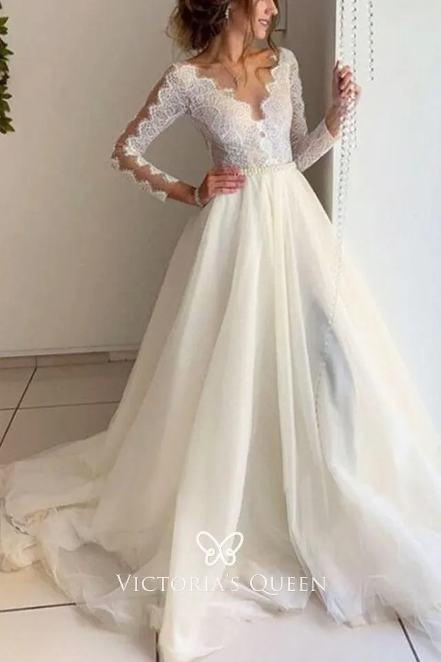 Scalloped Lace V Neck Long Sleeves Tulle Wedding Dress - VQ