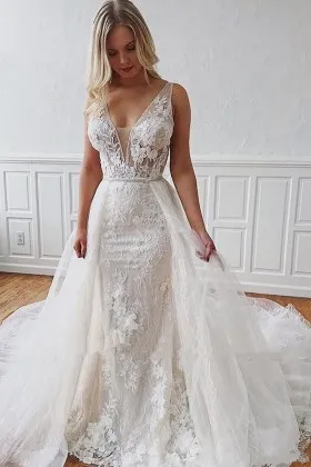 plunging neck floral lace mermaid overskirt bridal gown