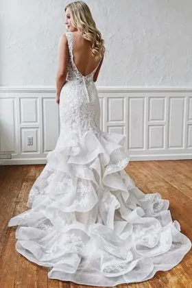 ruffled court train low back mermaid fall elegant wedding dress
