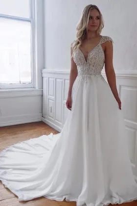 cap sleeve delicate lace chiffon summer wedding dress