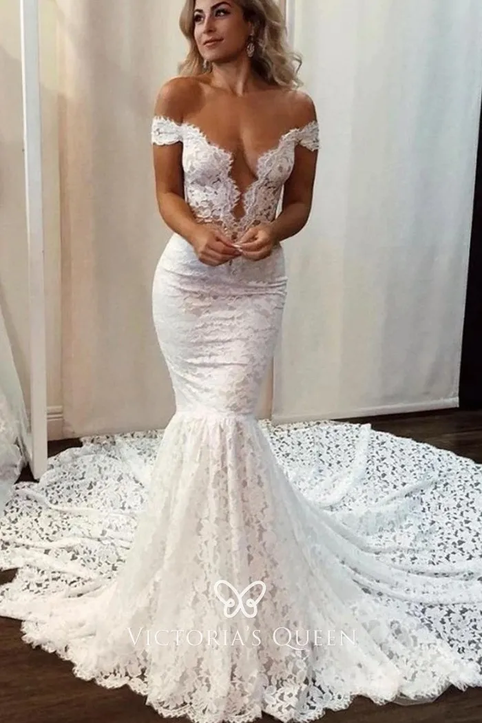 Scalloped Lace Plunging Neck Mermaid Fancy Wedding Gown - VQ