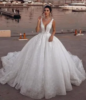 Plunging Neckline Designer Lace Ball Gown Wedding Dress